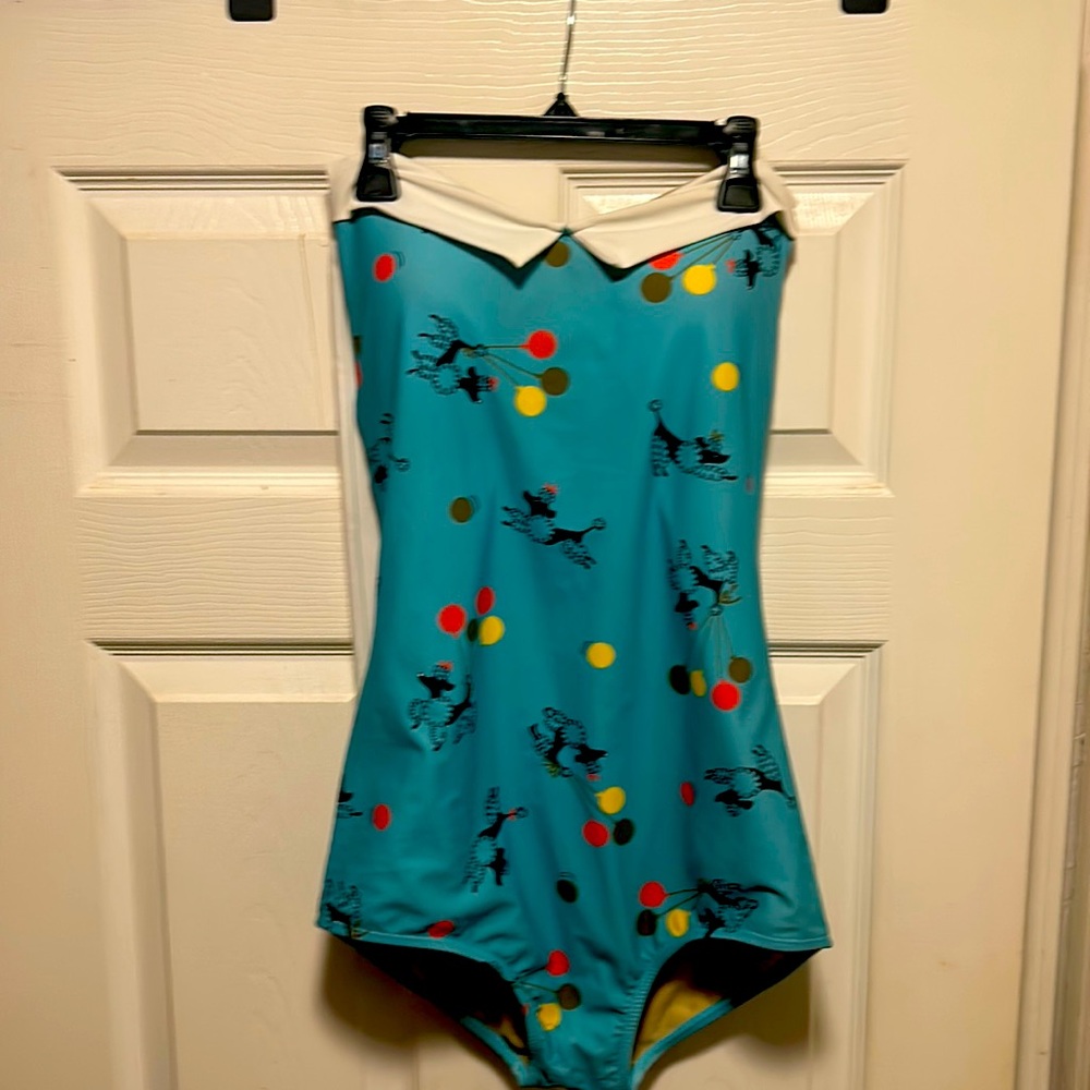 Red Dolly blue poodle print one piece